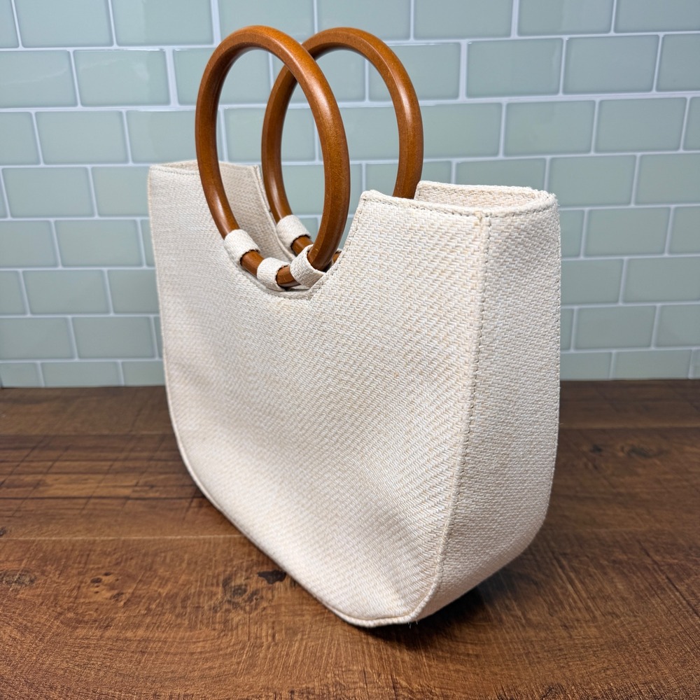 Boho Woven Versatile Straw Satchel/Hand/Shoulder Bag Wood Ring Handles - Picture 5 of 16